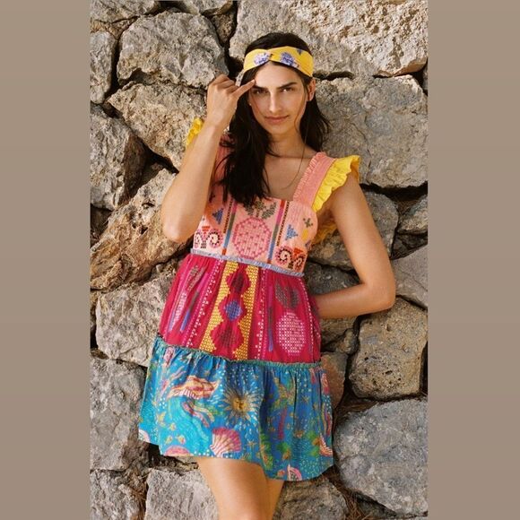 🌸 FARM RIO 🌸by Anthropologie Color blocking Embroidered Mini Dress size XL new - Picture 4 of 13